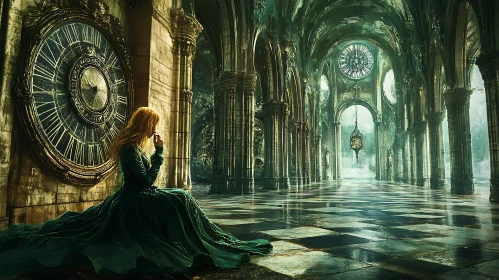 Woman in Gothic Interior with Clock