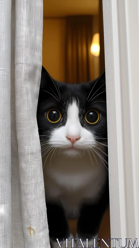 AI ART Peeking Feline Behind Curtains