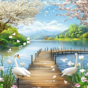 Peaceful Lake Pier with Blossoming Trees and Swans