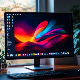 Stylish Office Setup with High-Tech Computer Monitor