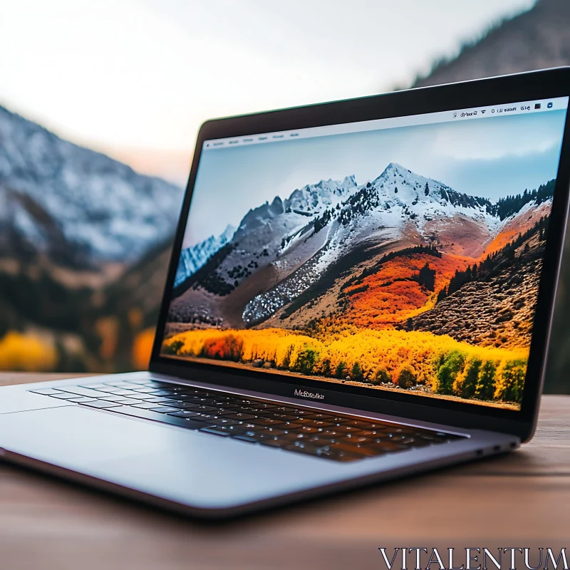 Contemporary Laptop Showcases Breathtaking Mountain Scenery AI Image