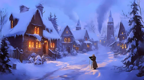 Snowy Village Scene with Photographer