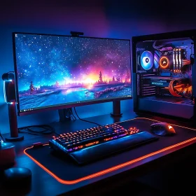 Sleek Gaming Desk with Modern PC and RGB Accents