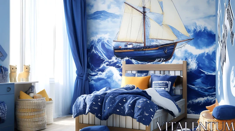 AI ART Blue Themed Bedroom Interior Design