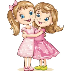 Two Cartoon Girls Hugging Illustration