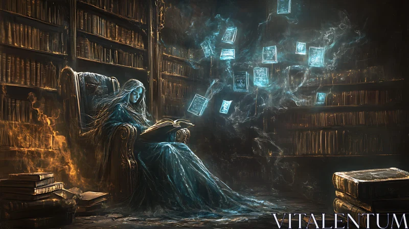 AI ART Mystical Library Scene with Reading Woman