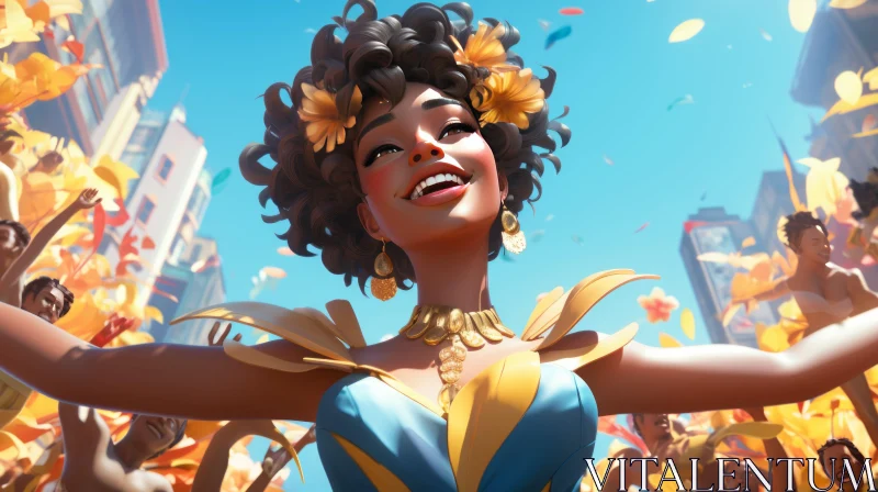 Animated Woman in Yellow Dress with Floral Explosion - Afro-Colombian Themes AI Image