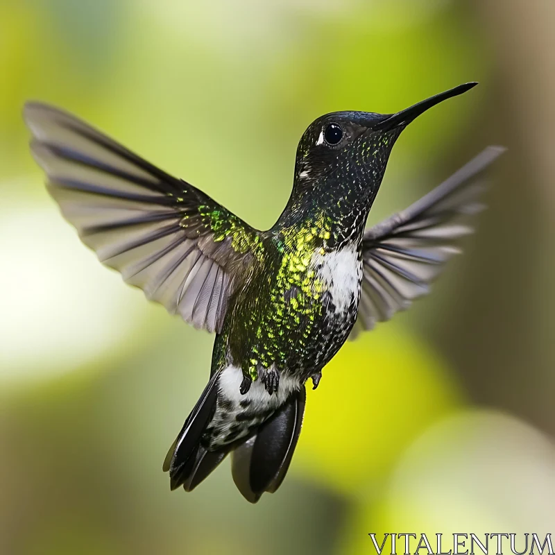 Hovering Hummingbird with Green Backdrop AI Image