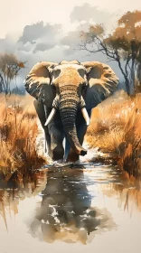 Elephant in Watercolor Savannah