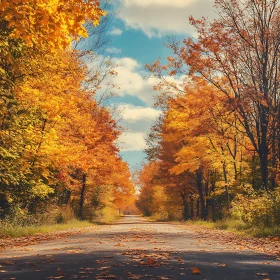 Fall Forest Road with Golden Leaves