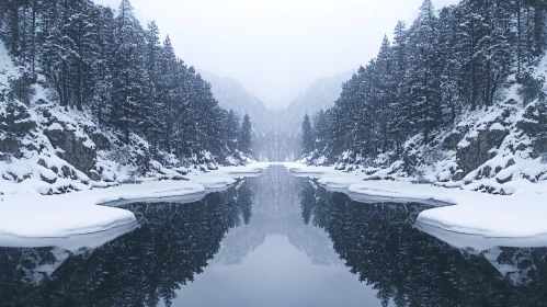 Serene Winter Landscape of Snow-Covered Trees and Icy River