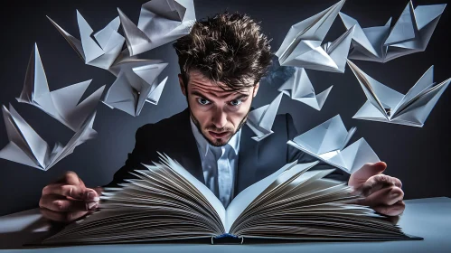 Man Reading with Origami Birds