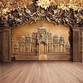 Sepia Temple Facade with Wooden Floor