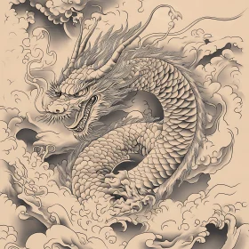 Detailed Dragon Sketch in Cloudy Sky