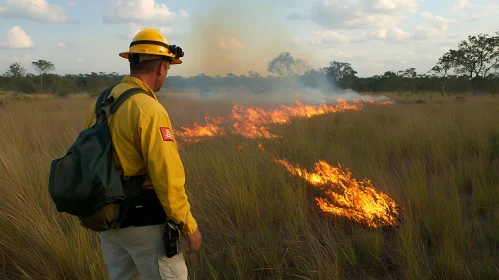 Grassland Controlled Burn Supervised by Firefighter