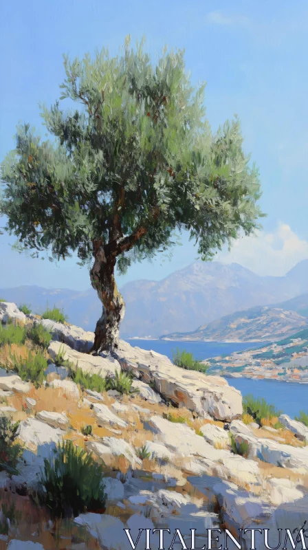 Lonely Tree with Scenic Mountain and Water View AI Image