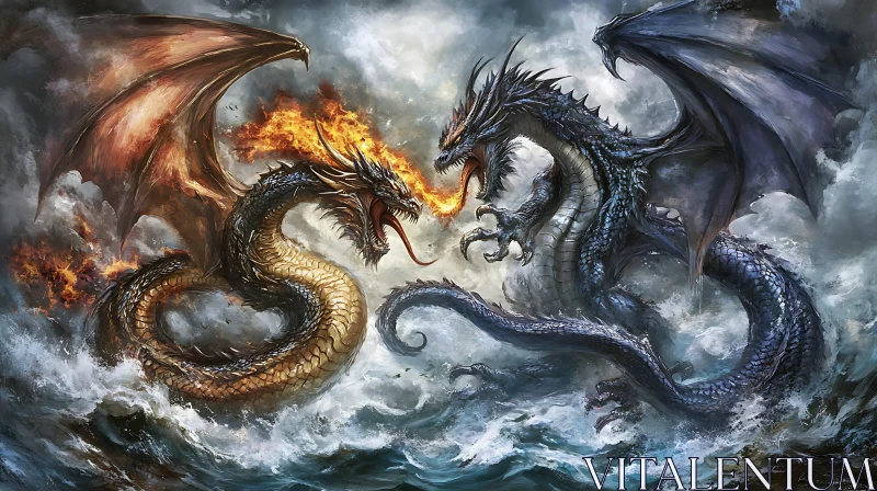 AI ART Dragons Clash Amidst Stormy Seas