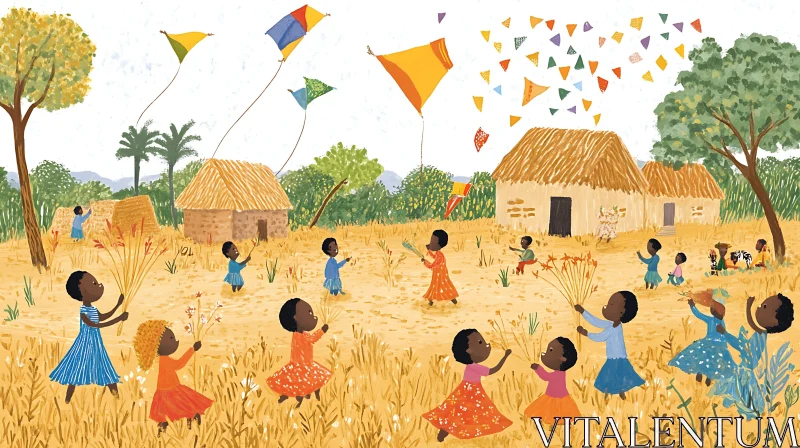 Joyful Kite Flying in Rural Village AI Image