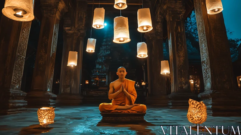 Monk in Meditation with Lanterns AI Image