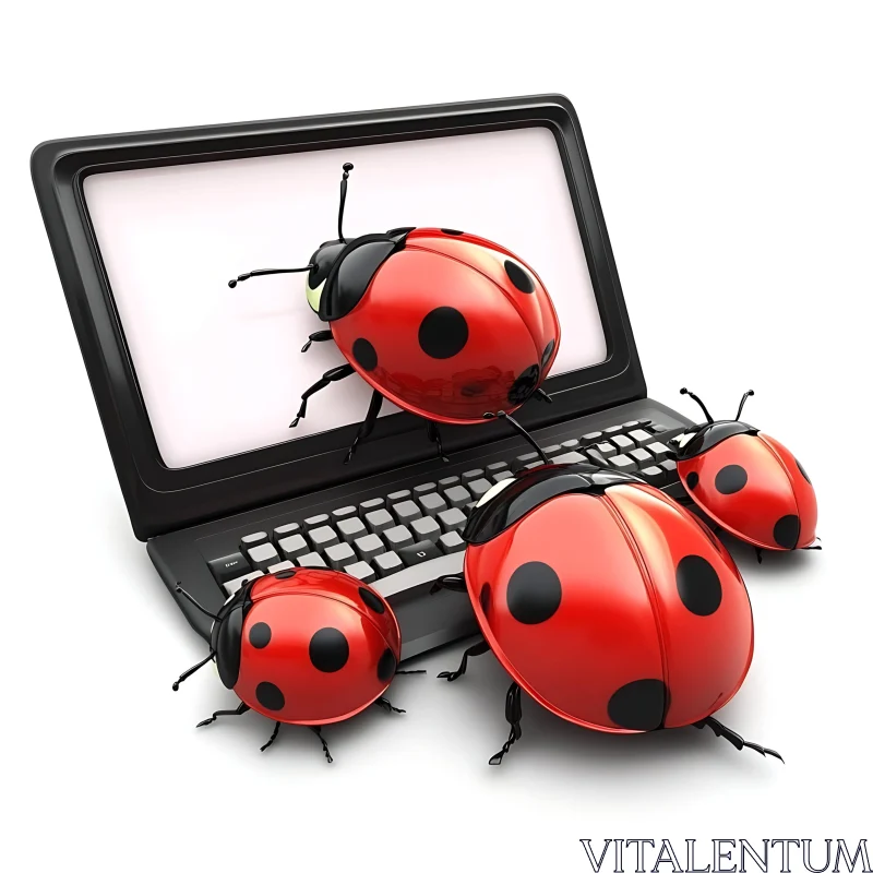 Ladybugs on Laptop Keyboard and Screen AI Image