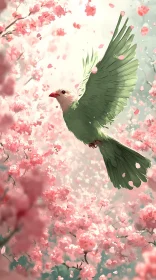 Bird Flying in Blossoming Cherry Trees