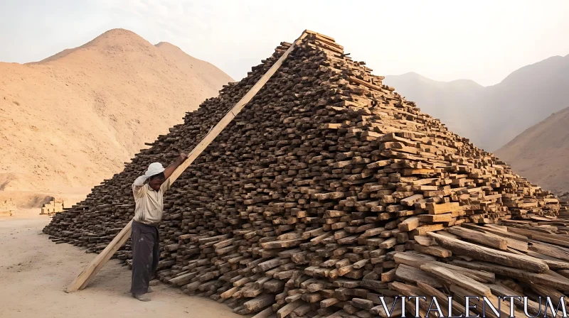 Wooden Pyramid Construction in Desert AI Image