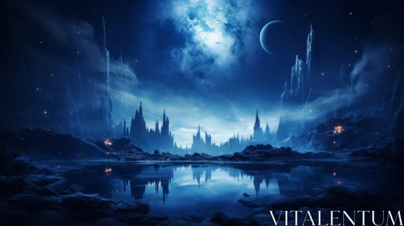 AI ART Gothic Futurist Alien Landscape - A Moonlit Night Scene
