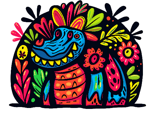 Hand-drawn Blue Creature Amidst Flowers - Mexican Folk Art Illustration POD Design