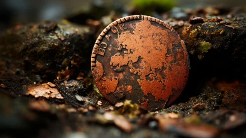 Historical Copper Coin Amidst Nature