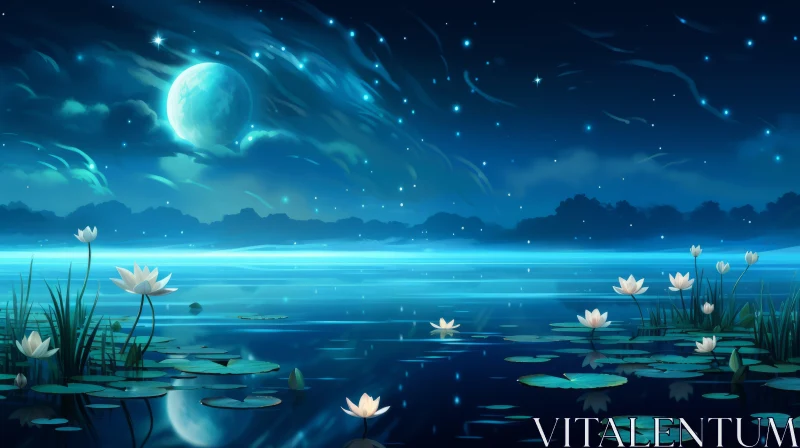 Moonlit Pond Lilies Night Illustration AI Image