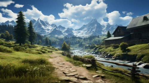 Mountain Landscape with Rustic House - CryEngine Style Artwork