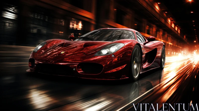 Red Sports Car in Liquid Metal Style Speeding at Night AI Image
