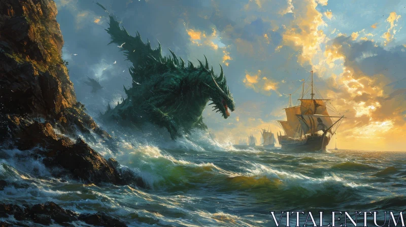 Terrifying Sea Monster Attacking Ship - Digital Painting AI Image