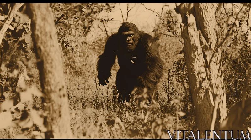 Mysterious Bigfoot in Sepia Forest AI Image