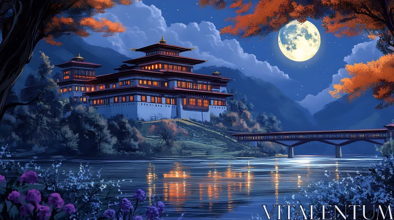 Moonlit Temple Reflection AI Image