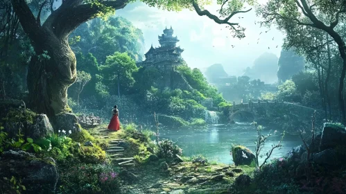 Oriental Landscape with Woman in Red