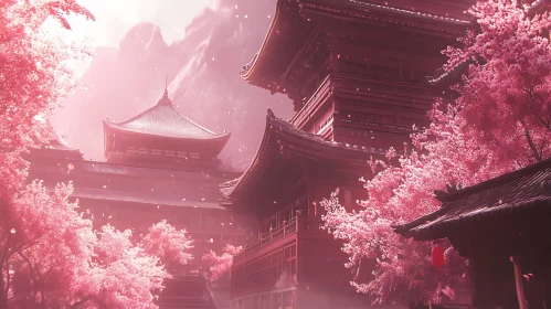 Serene Temple View with Blossoming Trees