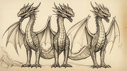 Dragon Trio Sepia Sketch