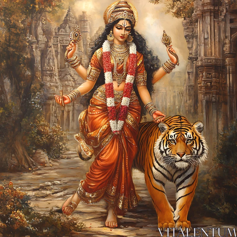 Hindu Deity and Her Companion AI Image