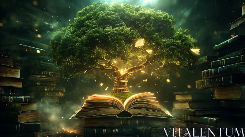 AI ART Mystical Tree Growing From Ancient Book