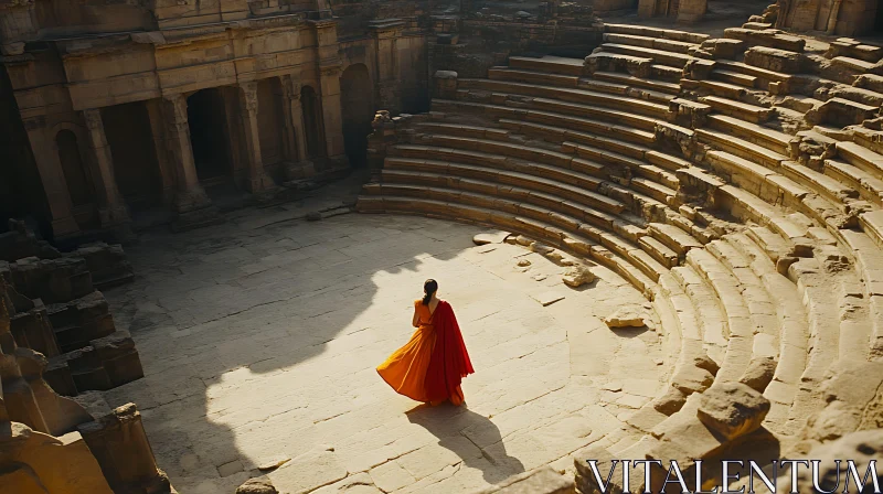 Historical amphitheater with a woman in bright dress AI Image