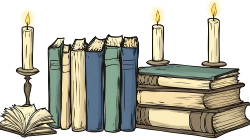 Old Books with Candlelight Illustration