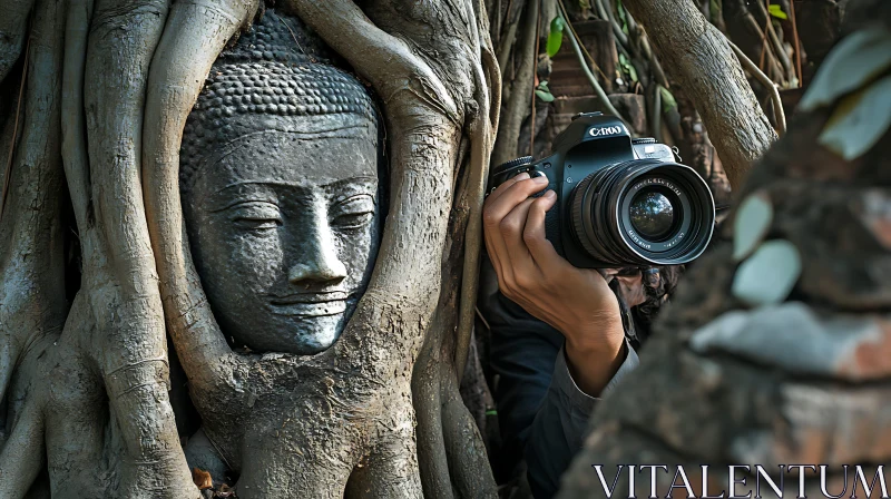 Stone Buddha Head in Tree Roots, Photographer AI Image