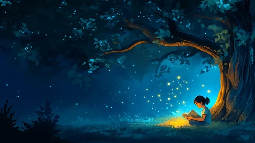 Child Reading Under Starry Tree