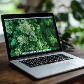 Laptop with Nature Wallpaper on Wooden Table