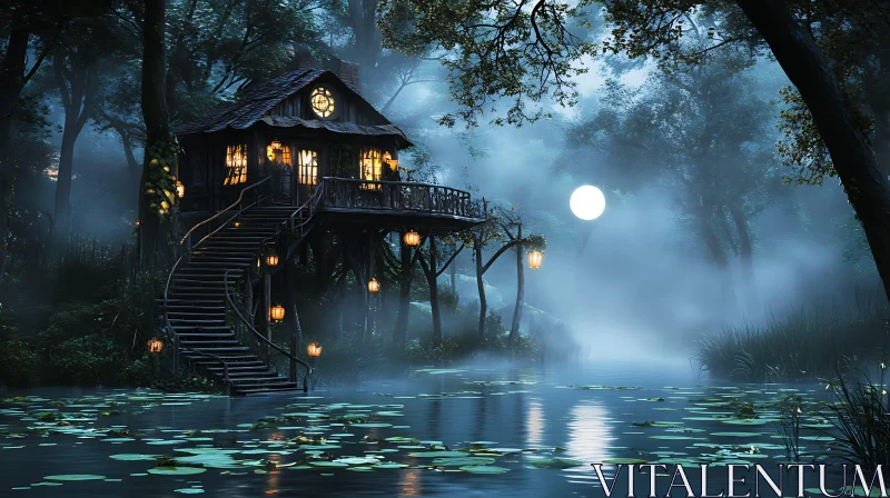 Mystical Treehouse in Foggy Forest AI Image