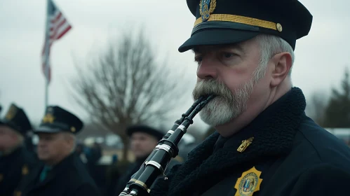 Bagpiper in Uniform Performing Outdoors