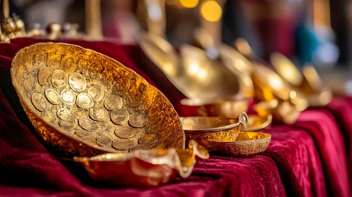 Ancient Golden Bowls on Red Cloth