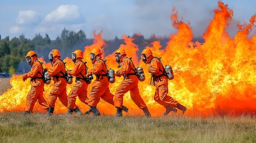 Firefighter Team in Intense Fire Drill