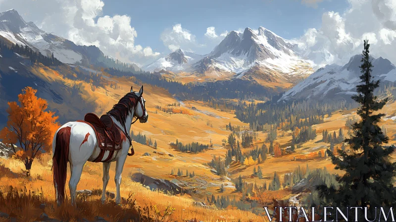 Horse and Snowy Mountain View AI Image